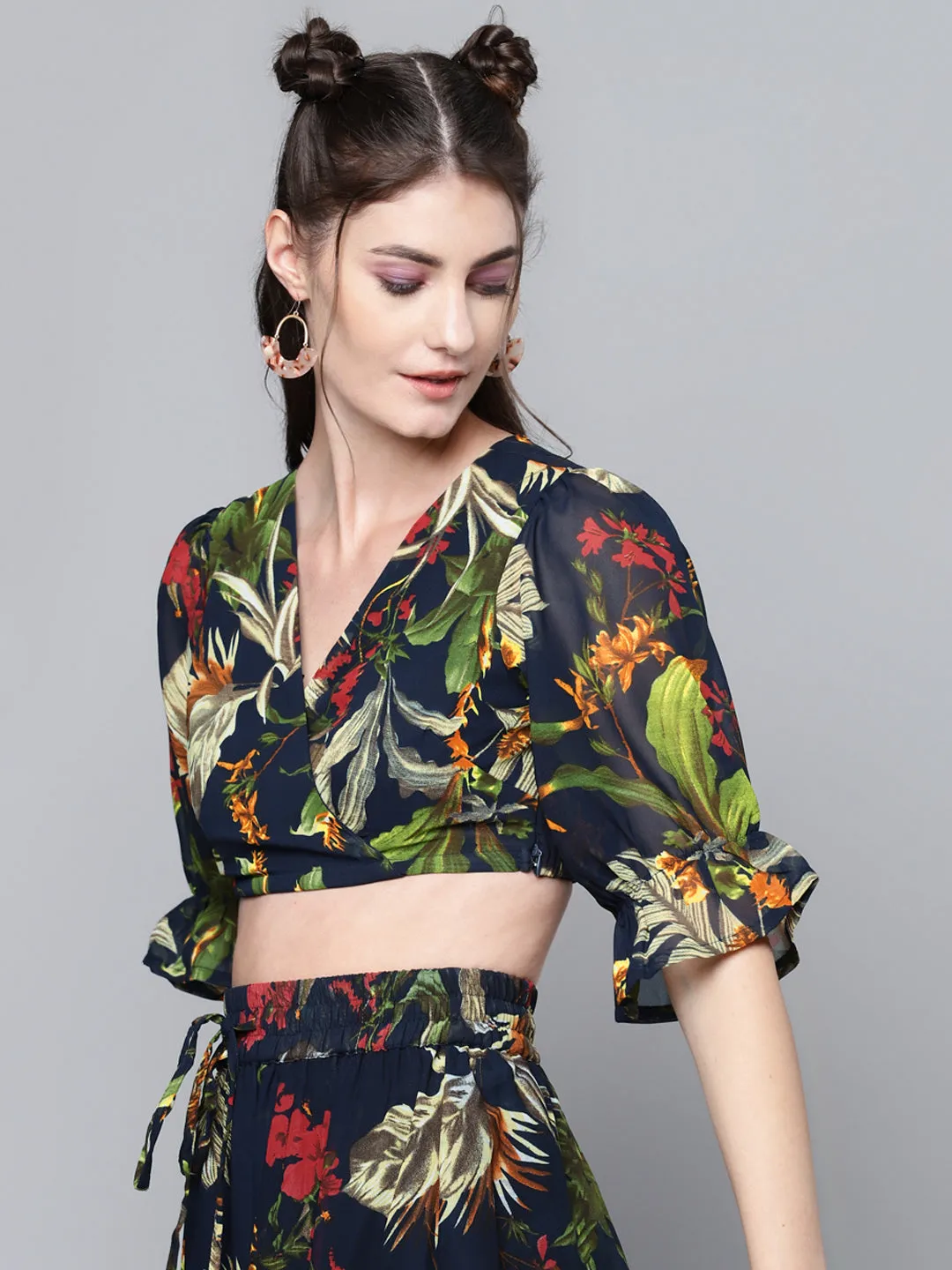 Women Navy Floral Wrap Crop Top