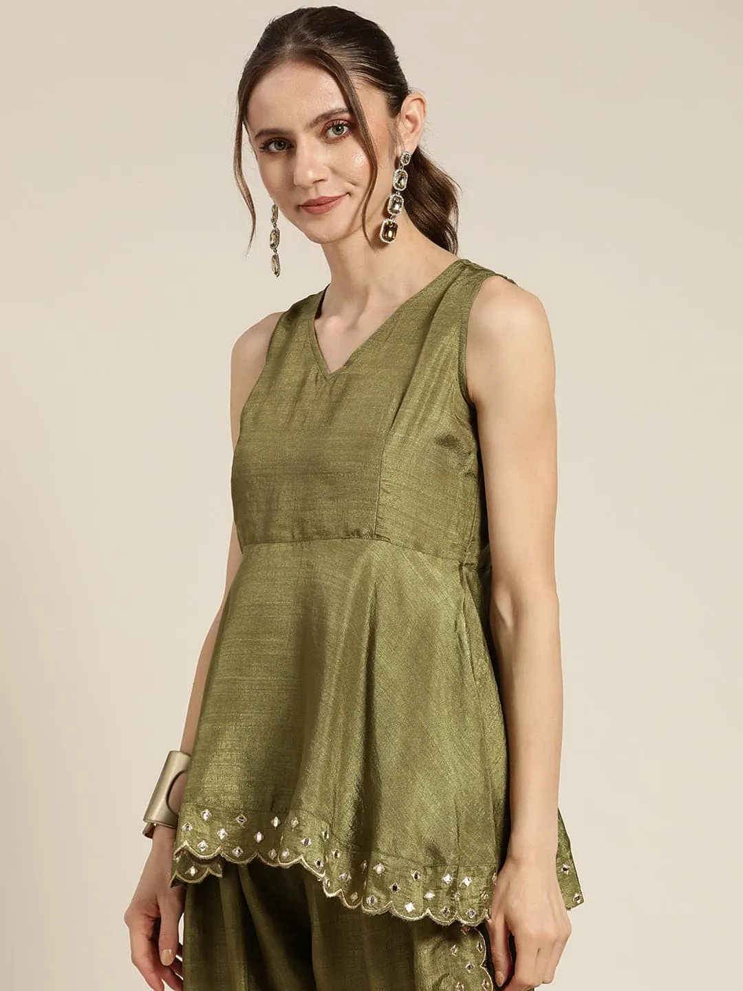 Women Olive Mirror Embroidered Peplum Top