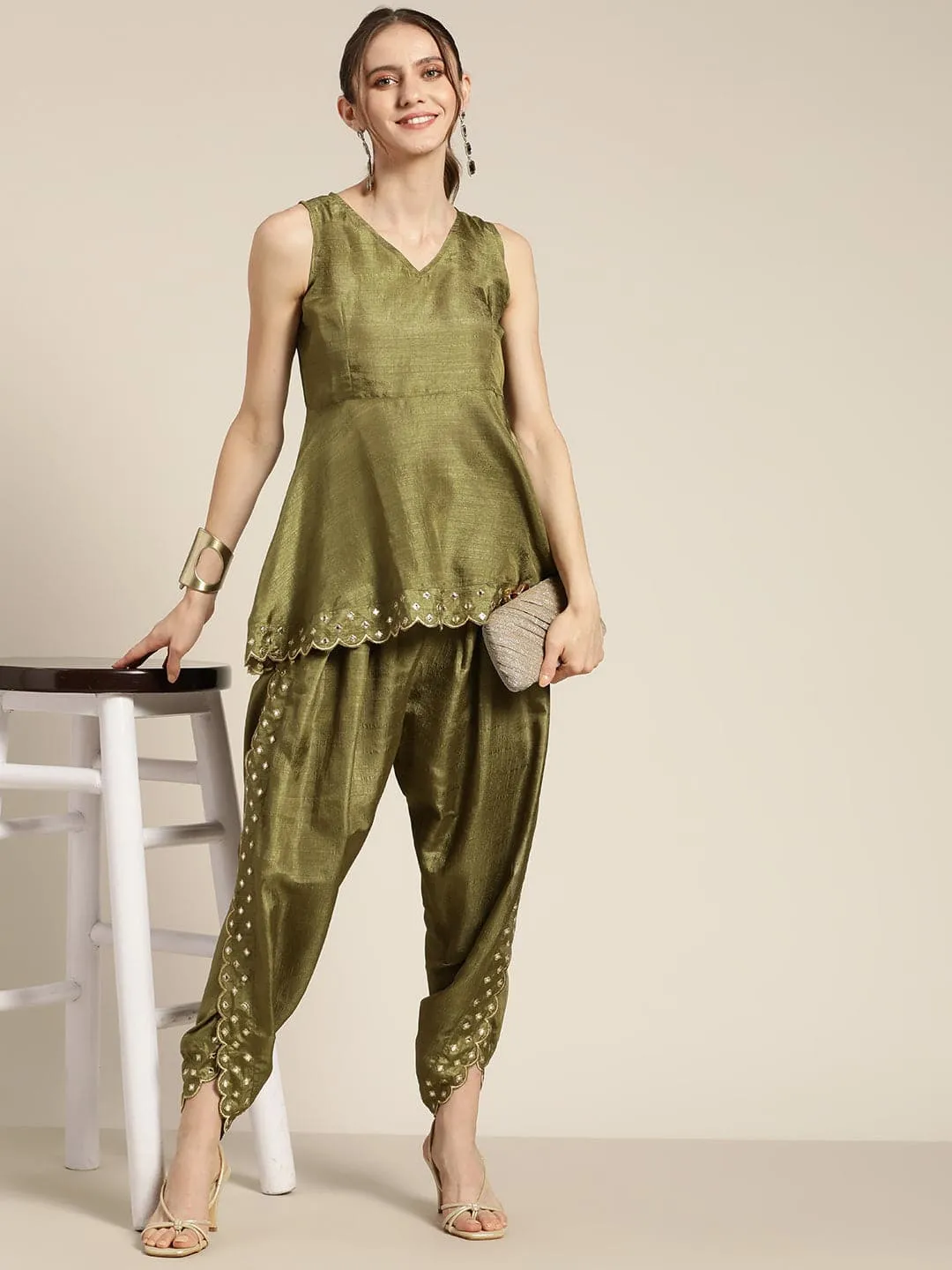 Women Olive Mirror Embroidered Peplum Top