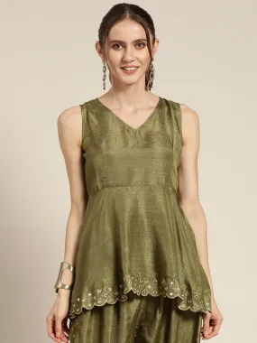 Women Olive Mirror Embroidered Peplum Top