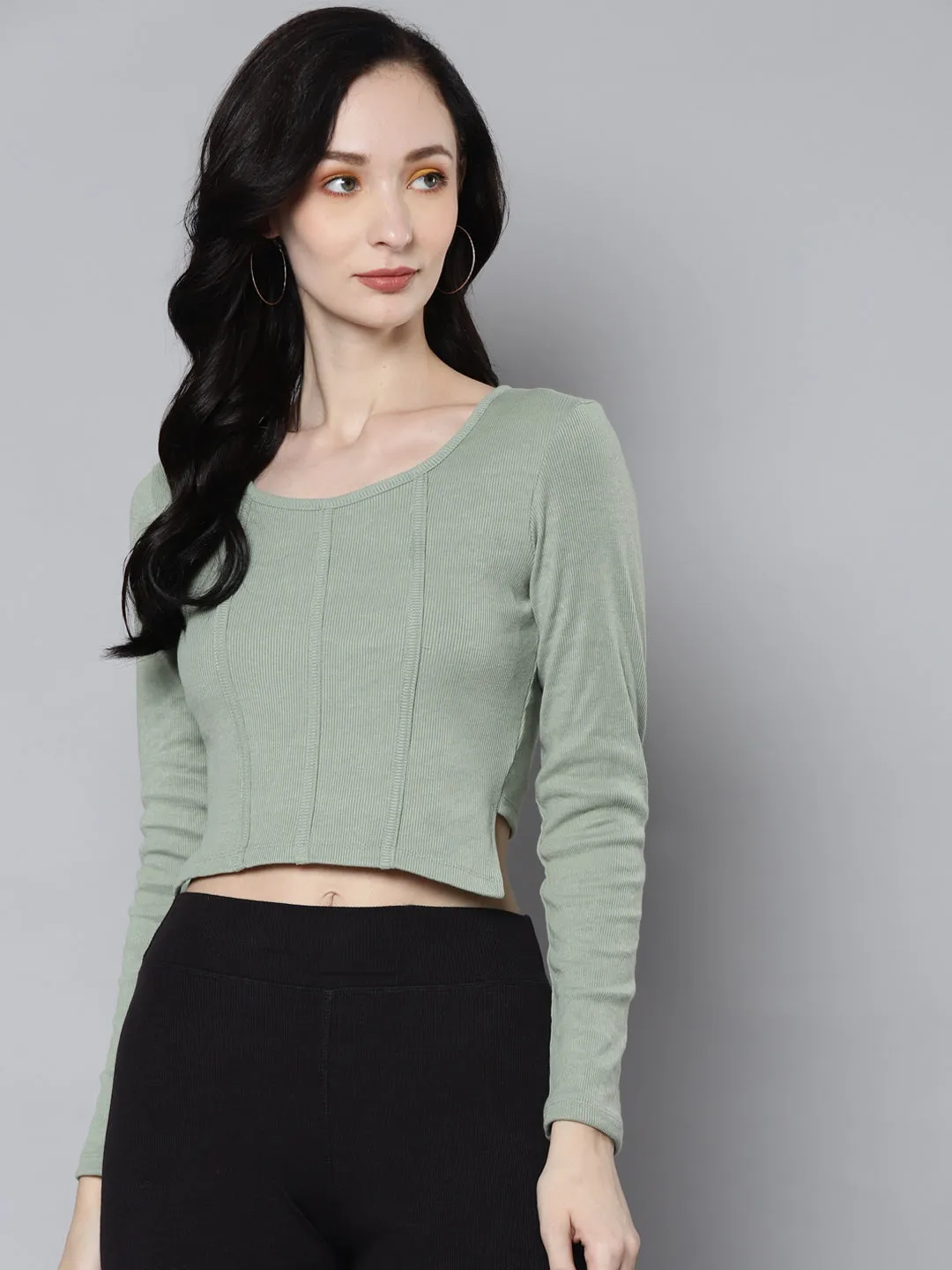 Women Olive Rib Full Sleeves Crop Top