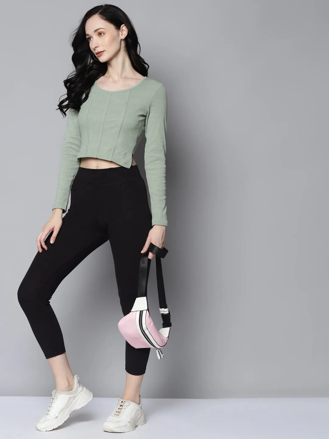 Women Olive Rib Full Sleeves Crop Top