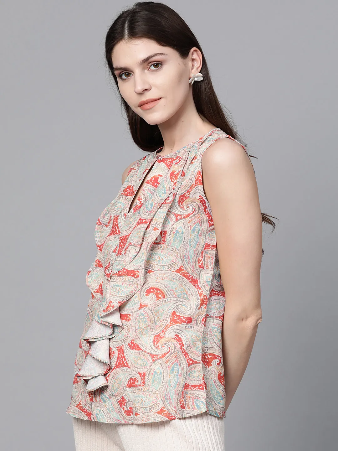 Women Orange Paisley Cascading Ruffles Top