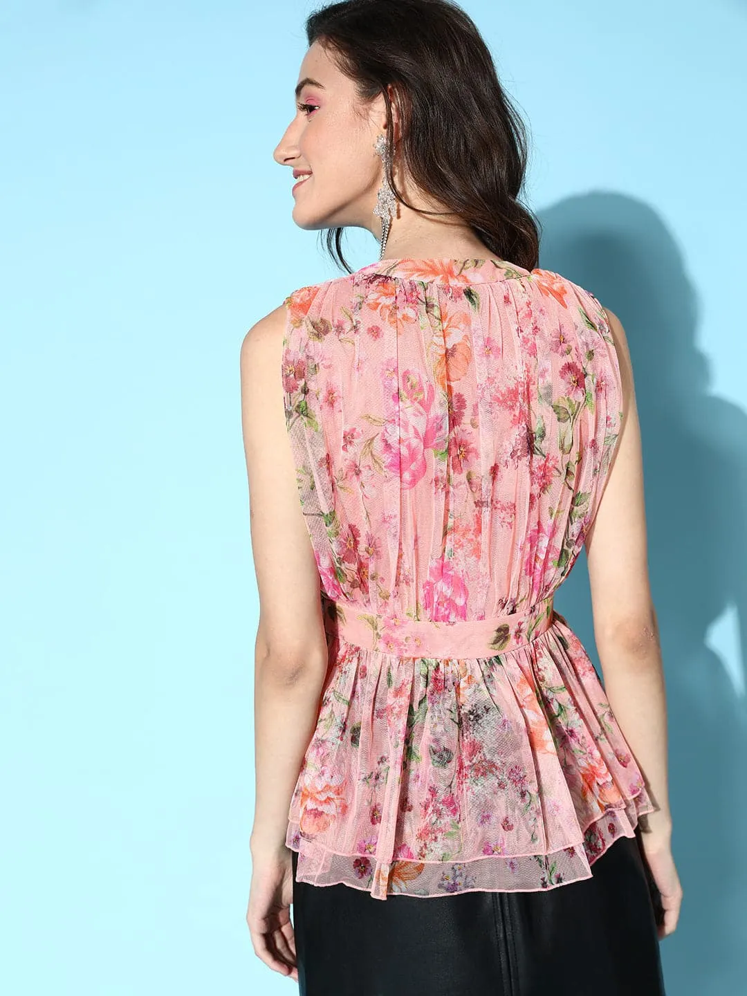 Women Pink Floral Mesh Sleeveless Peplum Top