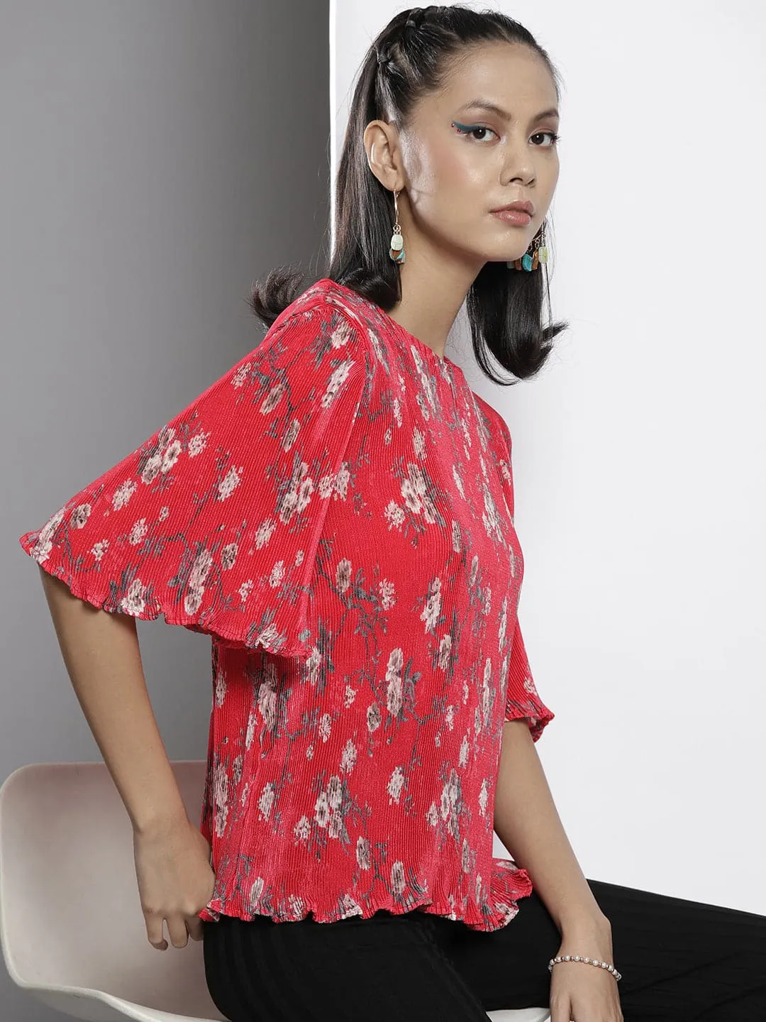 Women Red Floral Print Pleated Chinon A-Line Top