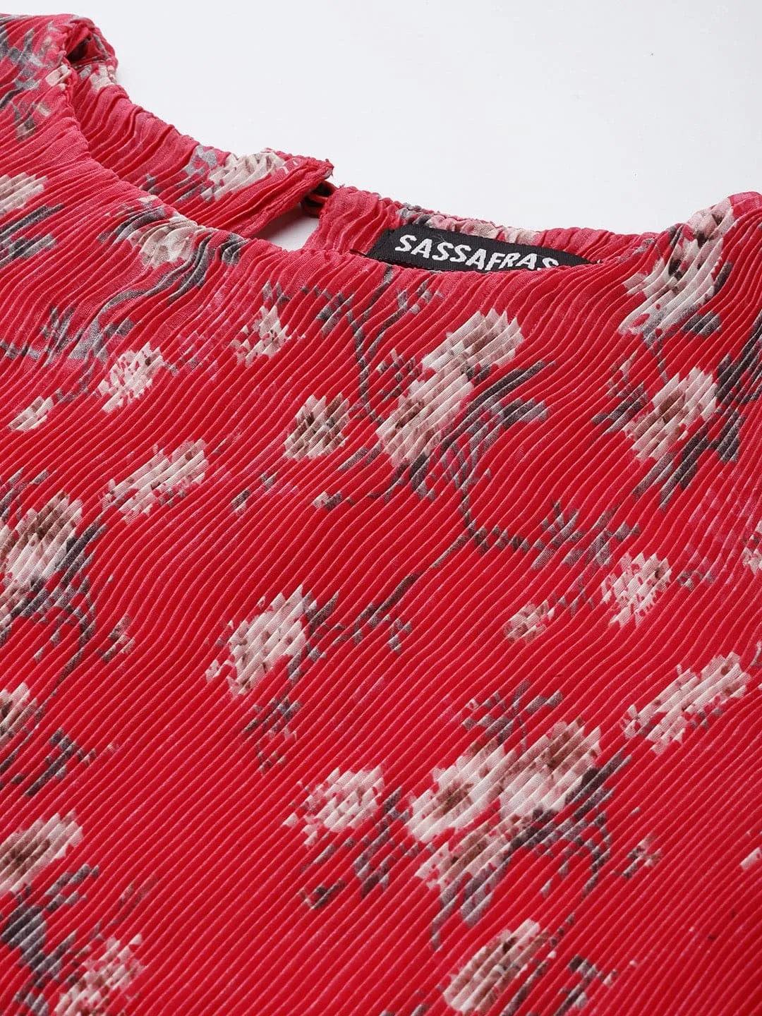 Women Red Floral Print Pleated Chinon A-Line Top