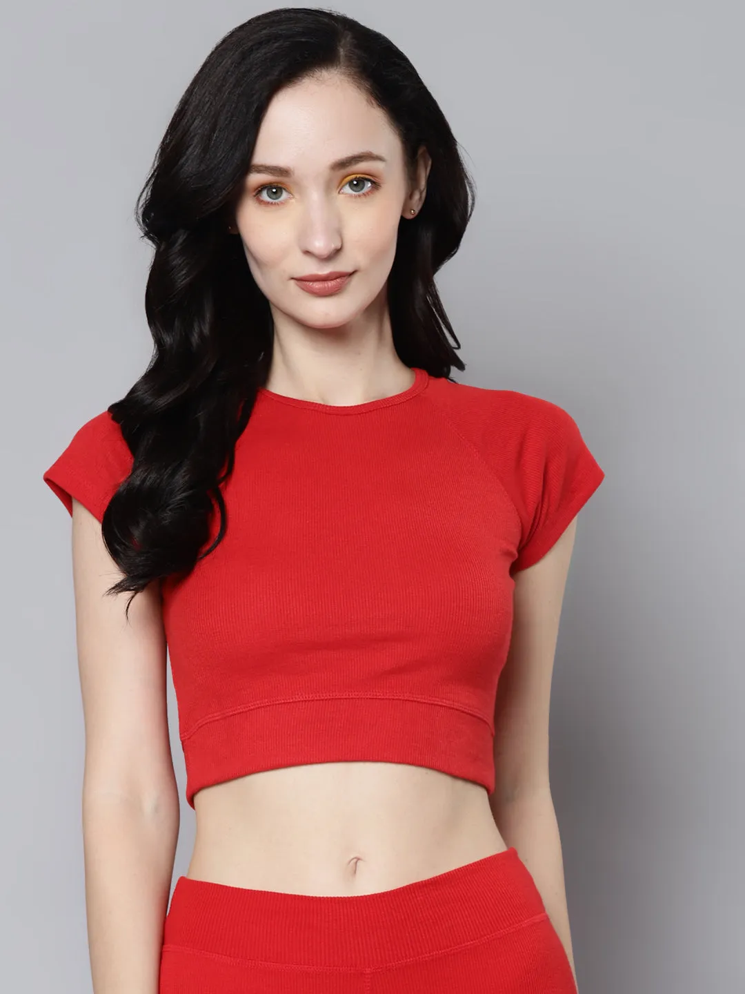 Women Red Rib Cap Sleeves Active Crop Top