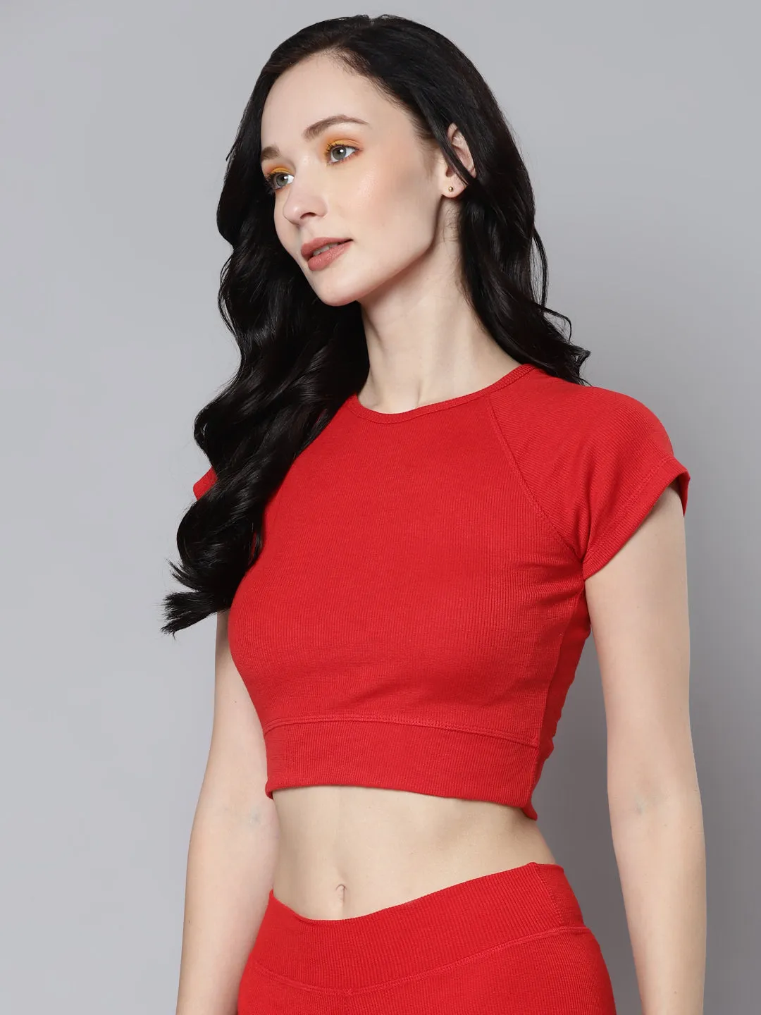 Women Red Rib Cap Sleeves Active Crop Top