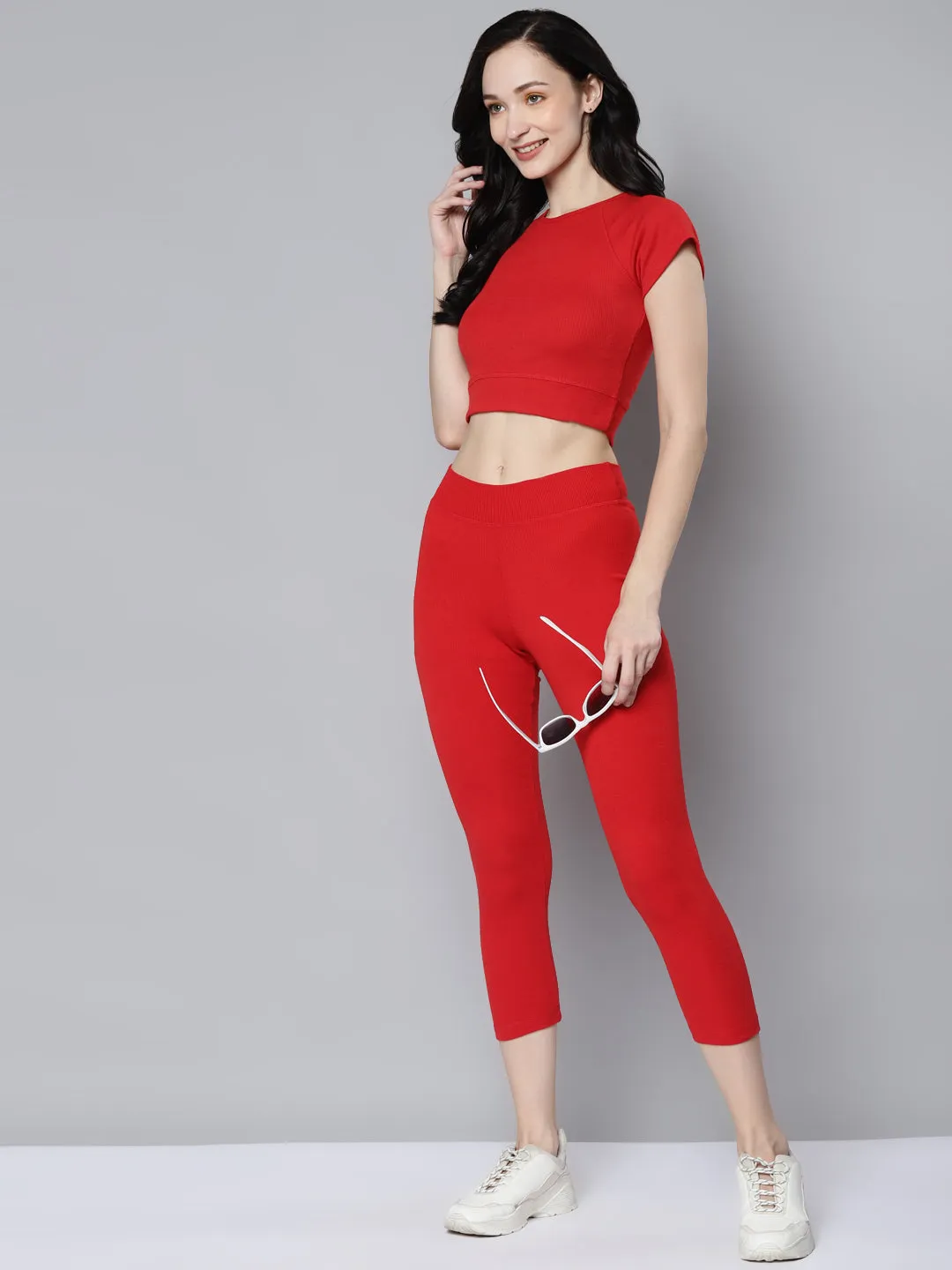 Women Red Rib Cap Sleeves Active Crop Top