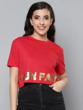 Women Red Run Fast Golden Foil Boxy Crop T-Shirt