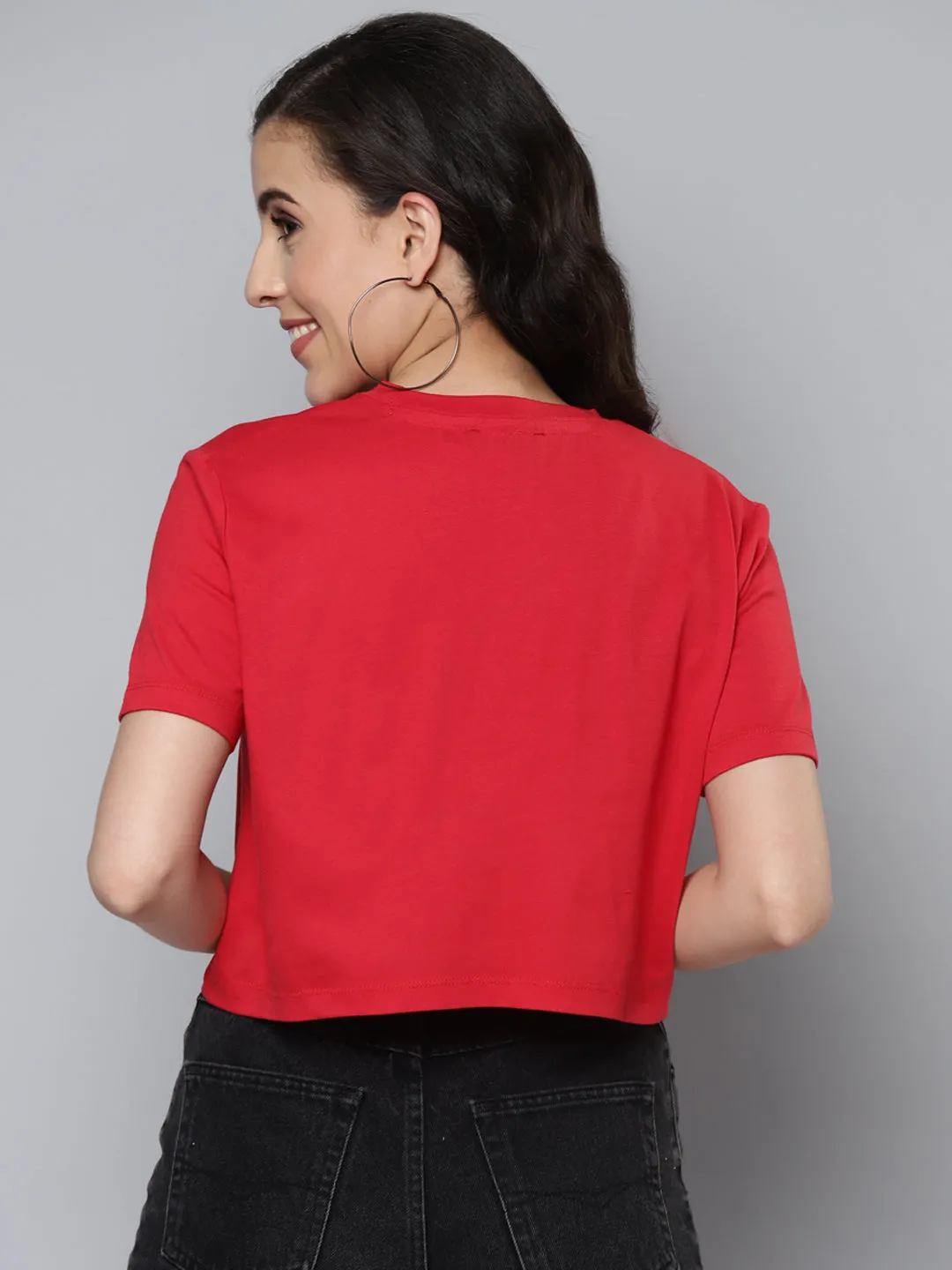 Women Red Run Fast Golden Foil Boxy Crop T-Shirt