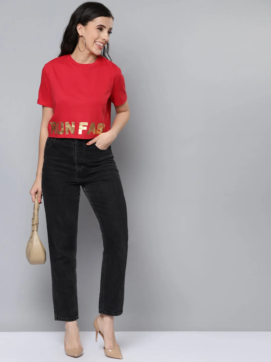 Women Red Run Fast Golden Foil Boxy Crop T-Shirt