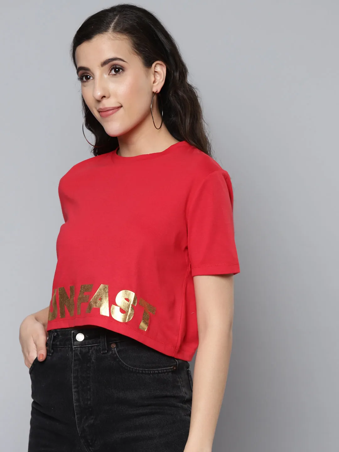 Women Red Run Fast Golden Foil Boxy Crop T-Shirt