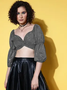 Women Silver Lurex Knotted Front Crop Top