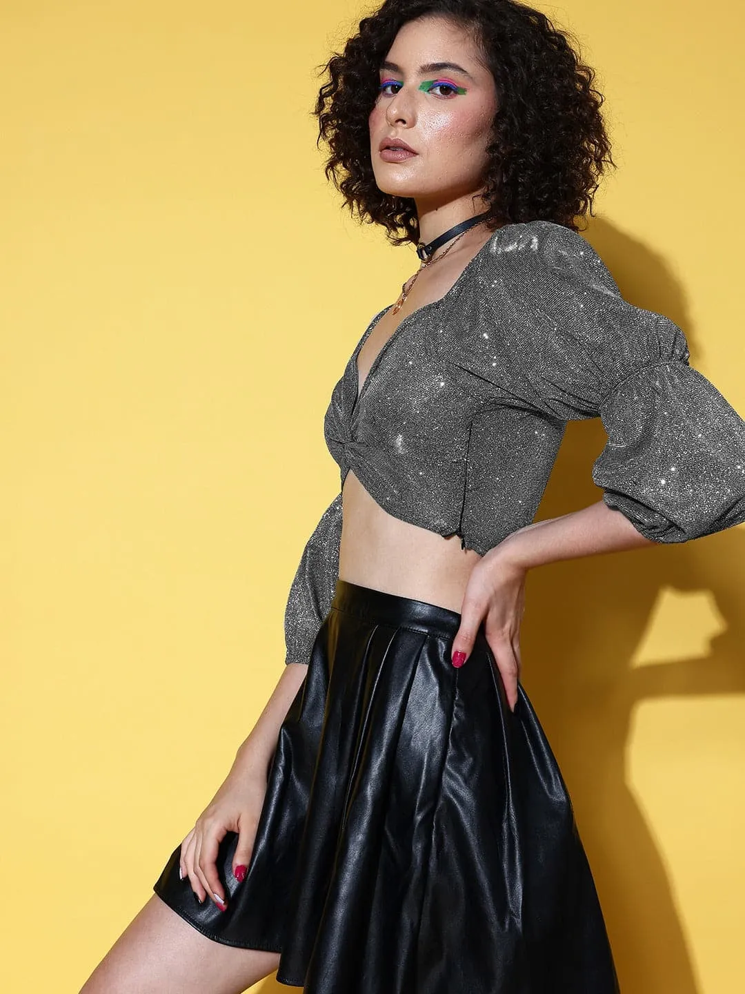 Women Silver Lurex Knotted Front Crop Top