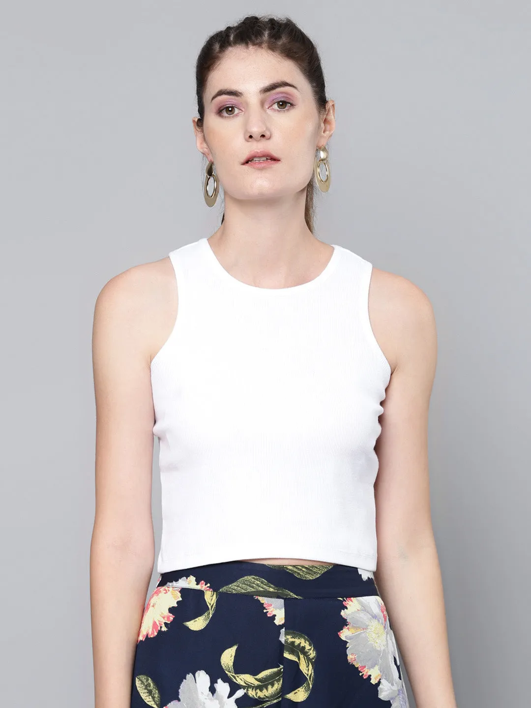 Women White Box Back Rib Crop Top