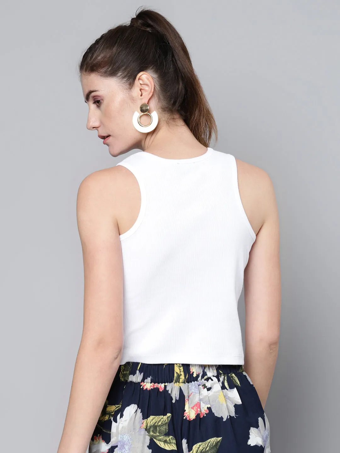 Women White Box Back Rib Crop Top