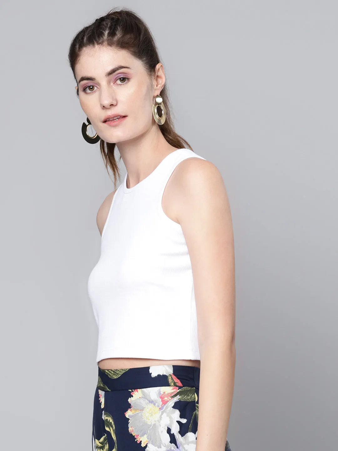 Women White Box Back Rib Crop Top