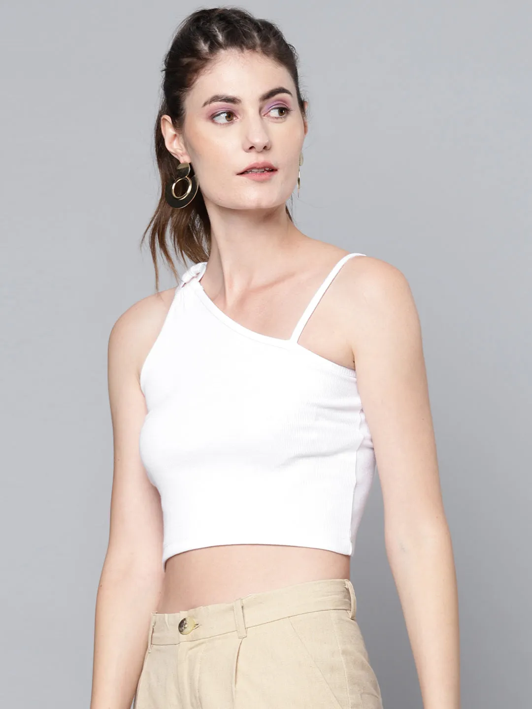 Women White One Shoulder Ring Detail Strappy Rib Top