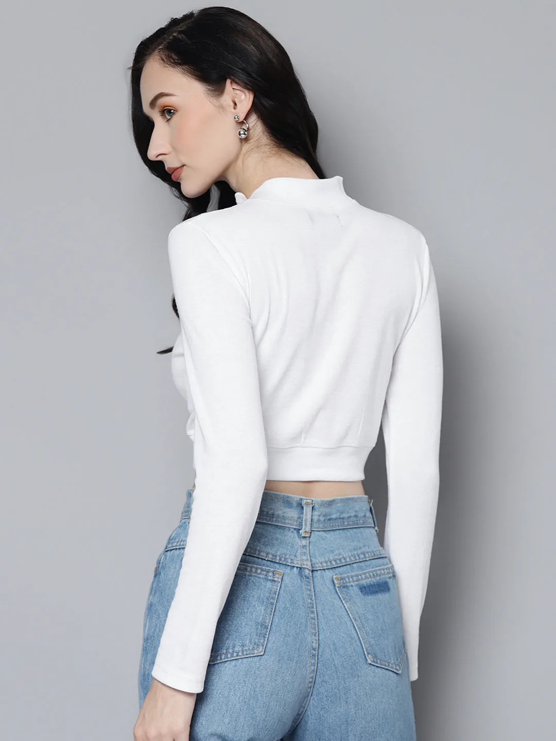 Women White Rib High Neck Active Crop Top