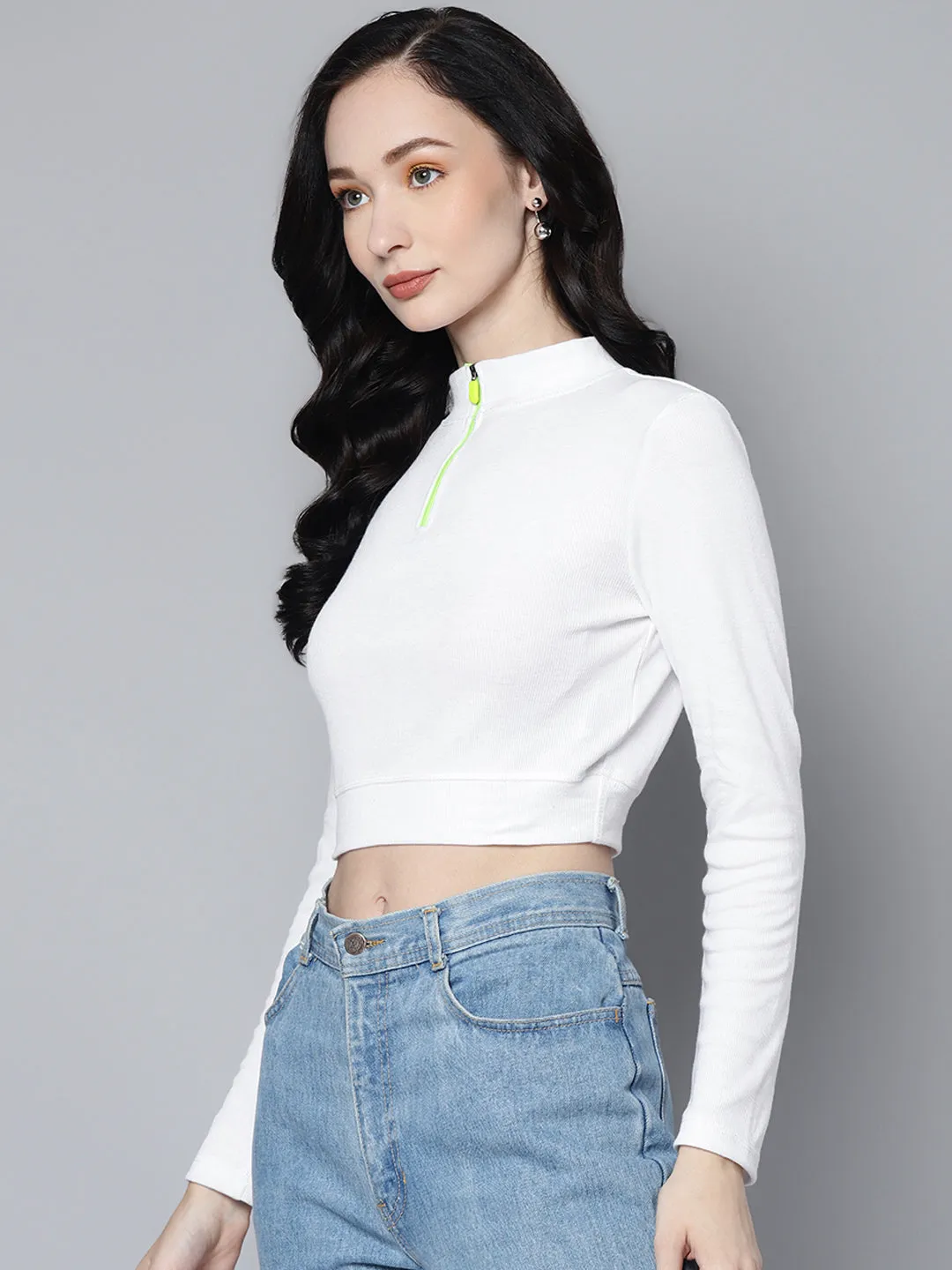 Women White Rib High Neck Active Crop Top