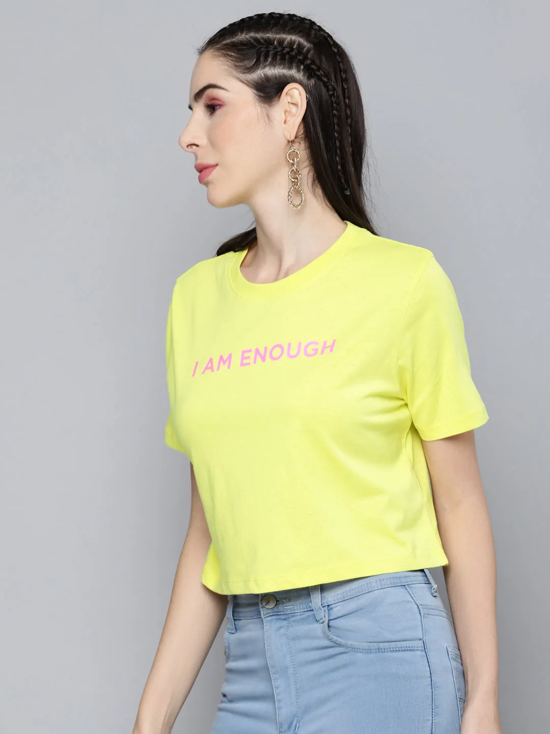 Women Yellow I-Am-Enough Crop Boxy T-Shirt