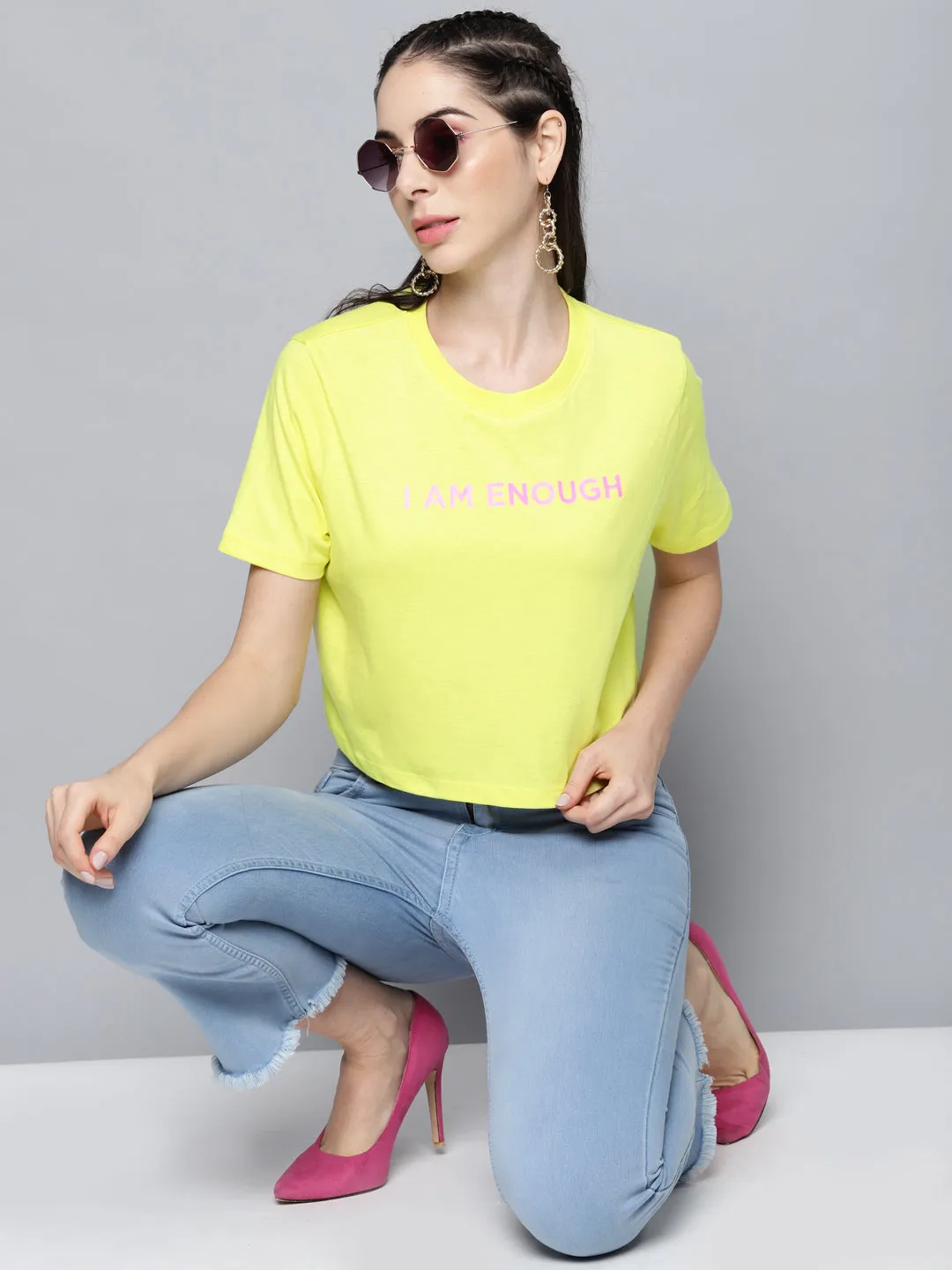 Women Yellow I-Am-Enough Crop Boxy T-Shirt