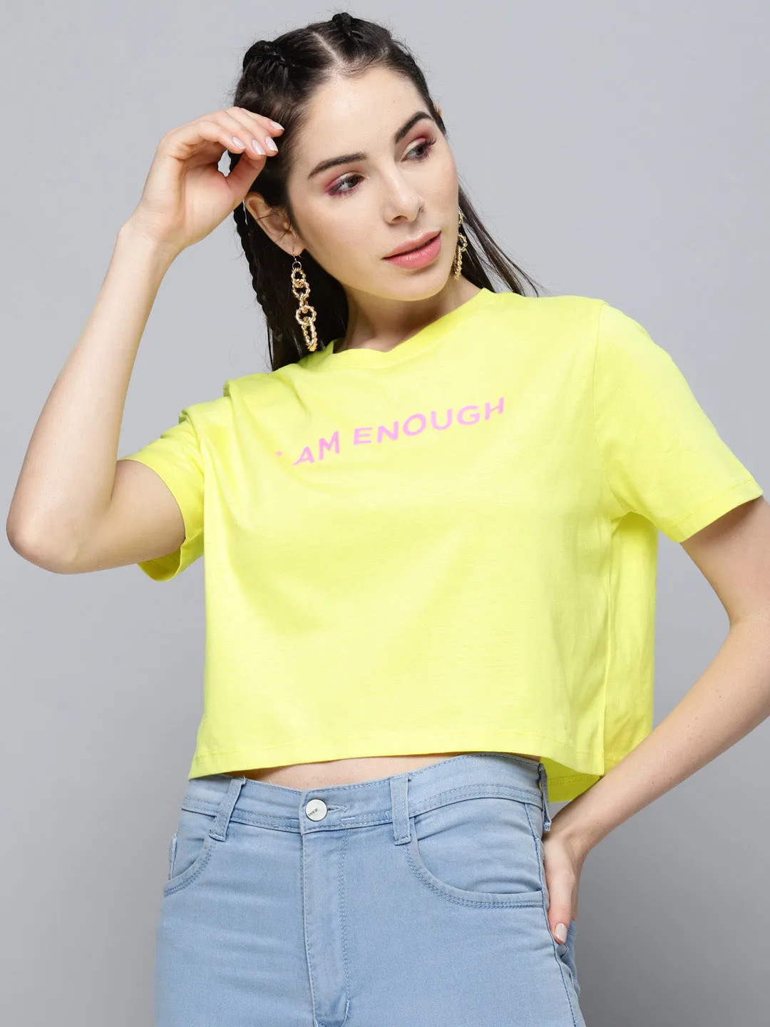 Women Yellow I-Am-Enough Crop Boxy T-Shirt