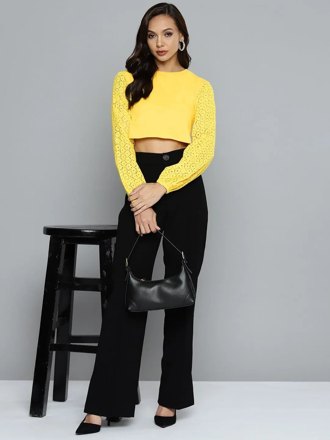 Women Yellow Schiffli Round Neck Crop Top