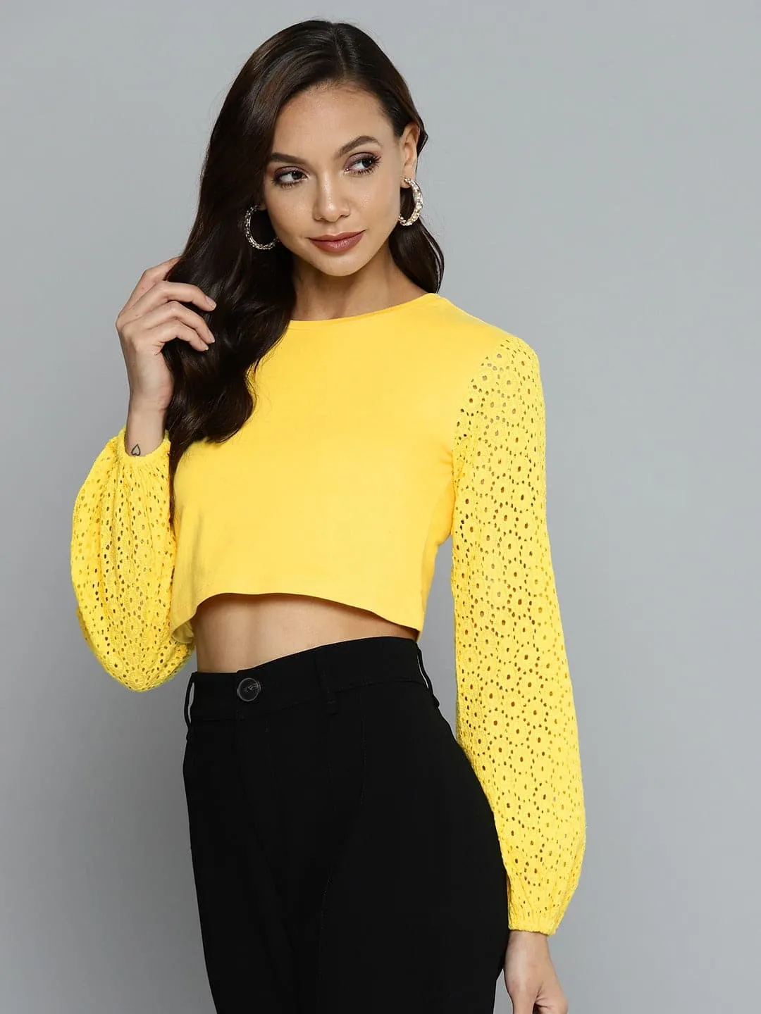 Women Yellow Schiffli Round Neck Crop Top