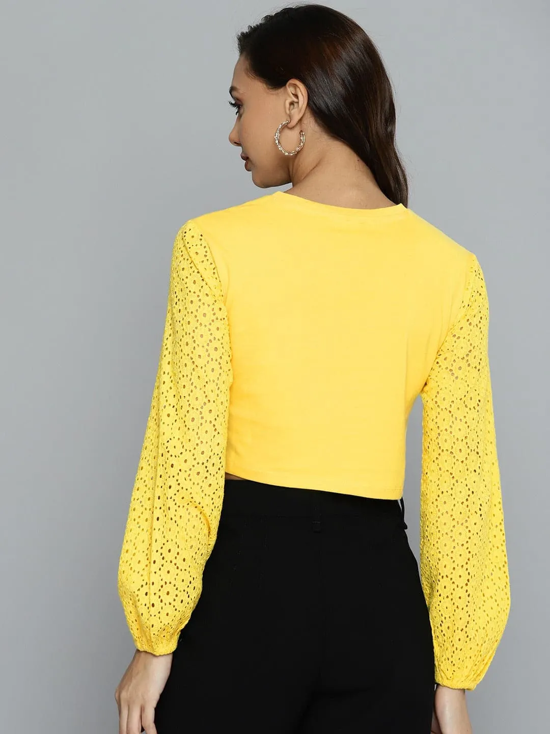 Women Yellow Schiffli Round Neck Crop Top