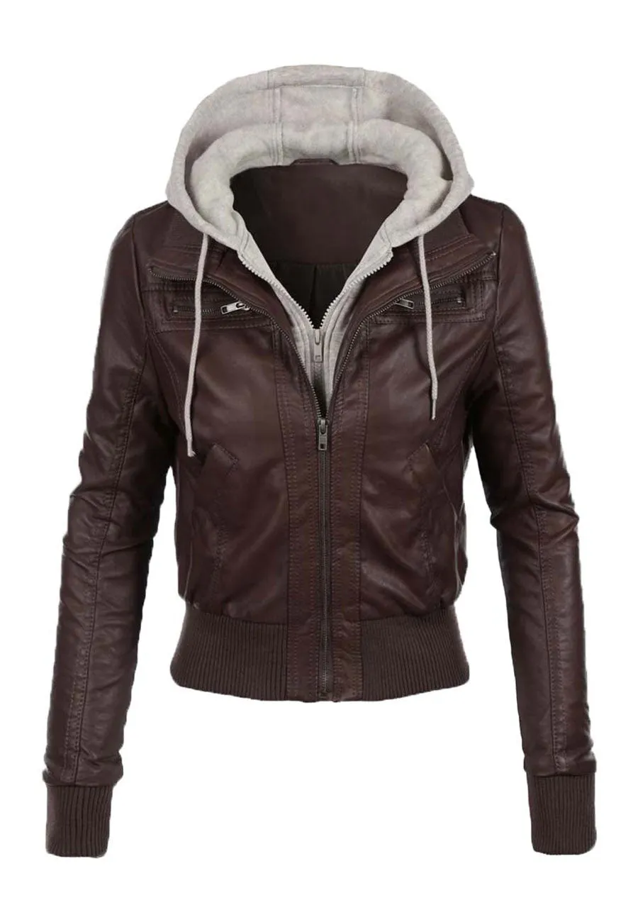 Women's Chocolate Brown Leather Bomber Jacket