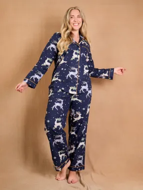 Womens Cotton Traditional Pyjamas Navy Reindeer