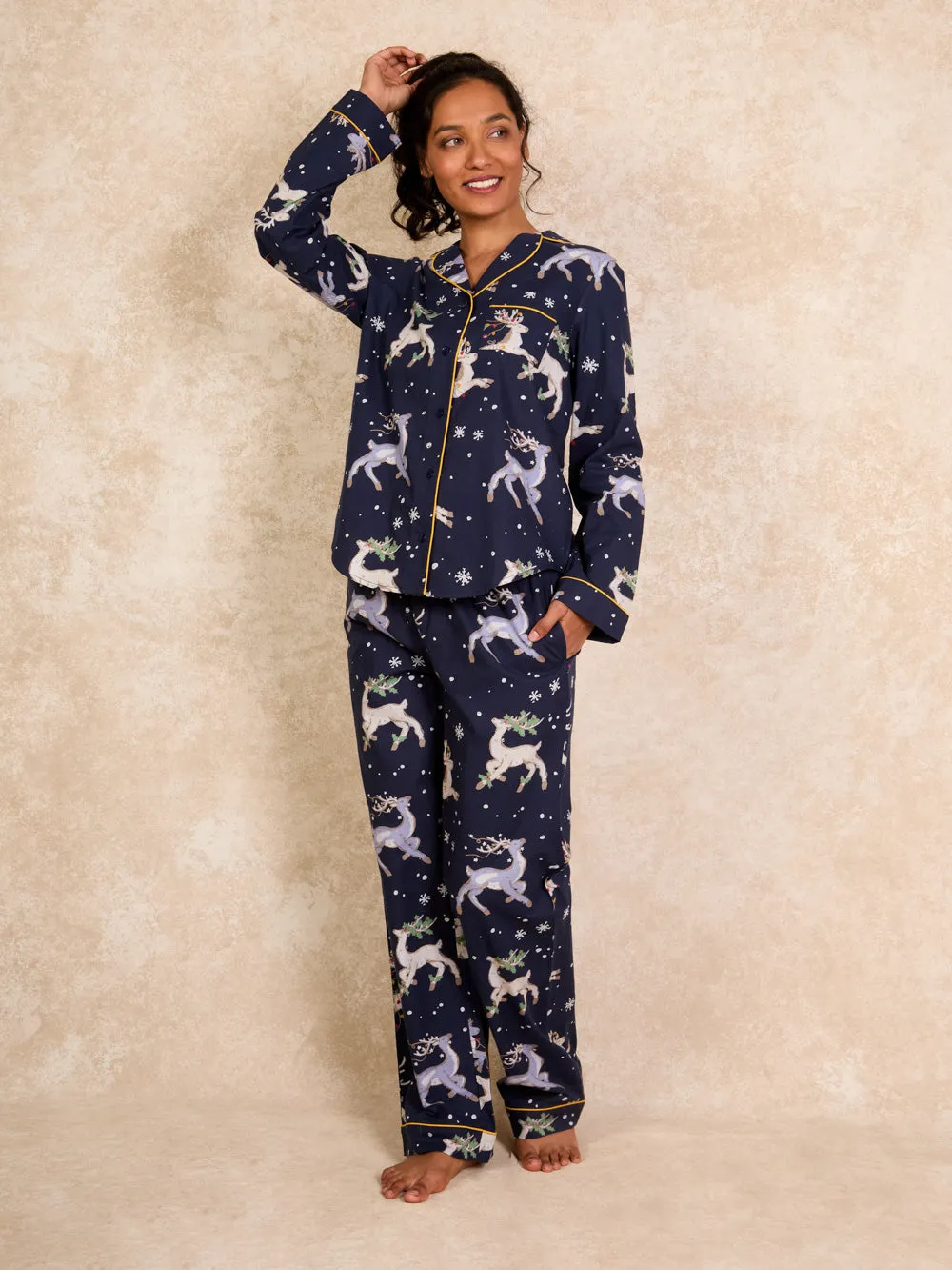 Womens Cotton Traditional Pyjamas Navy Reindeer