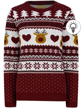 Women’s Deer Paper LED Light Up Novelty Christmas Jumper in Claret - Merry Christmas