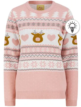 Women’s Deer Paper LED Light Up Novelty Christmas Jumper in Pink - Merry Christmas