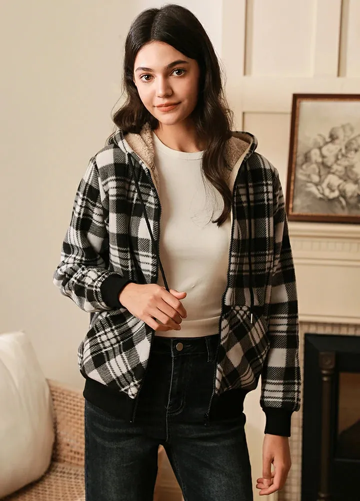 Women's Sherpa Lined Hoodie Jacket Plaid Zip Up Hooded Sweatshirt