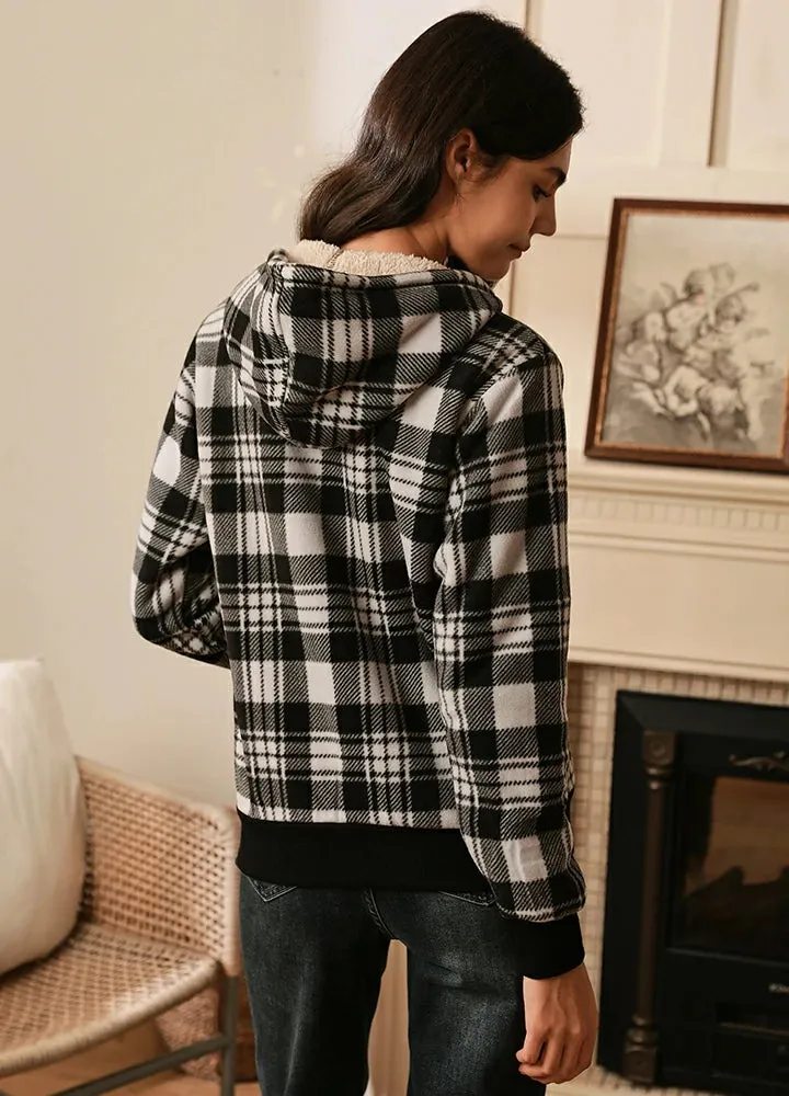 Women's Sherpa Lined Hoodie Jacket Plaid Zip Up Hooded Sweatshirt