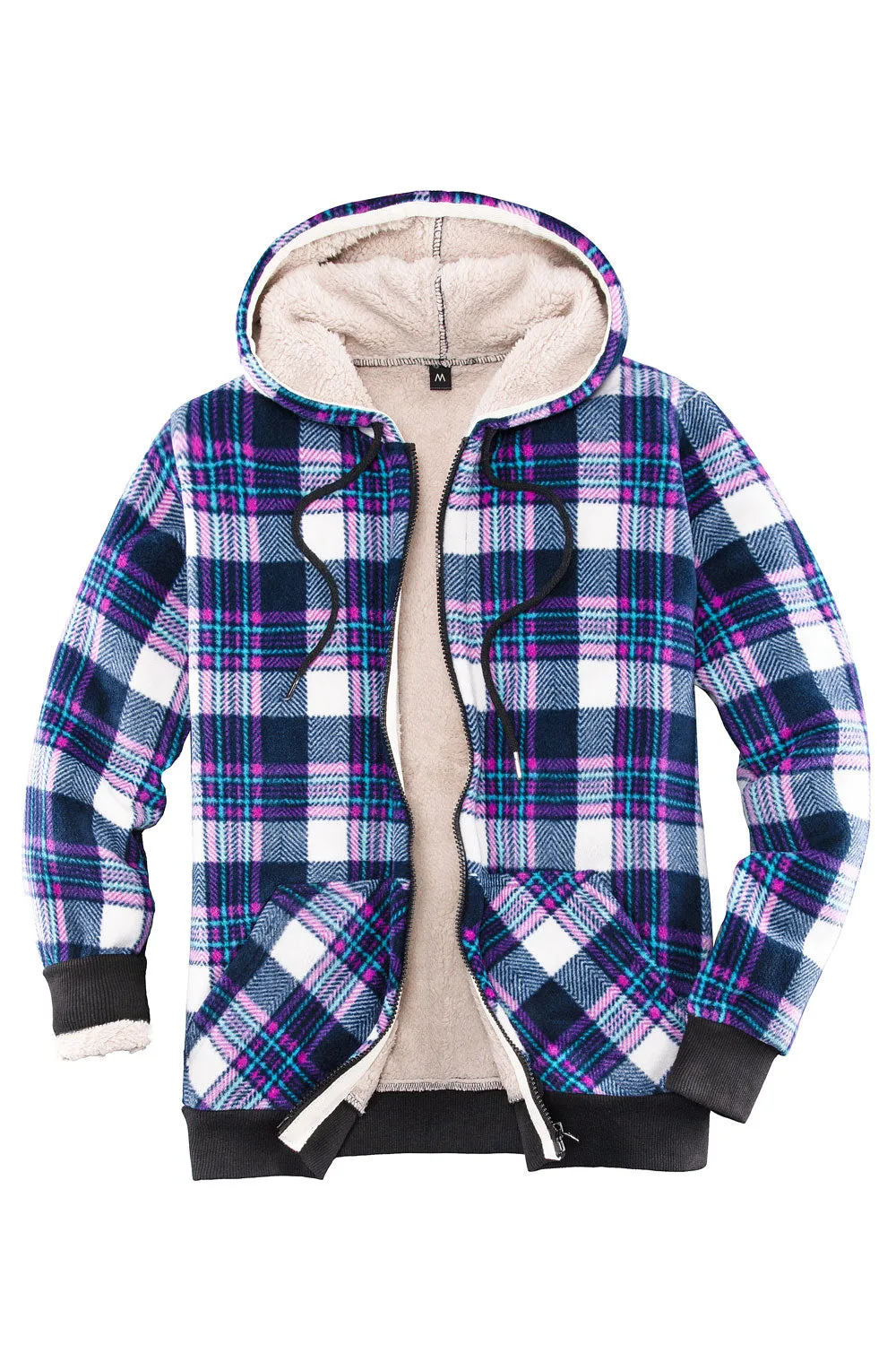 Women's Sherpa Lined Hoodie Jacket Plaid Zip Up Hooded Sweatshirt