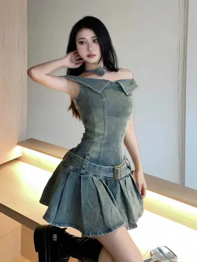 YESMYTOOL  -   Streetwear Denim Mini Dress Women Sexy Slim Korean Fashion Vintage Off The Shoulder Pleated Dresses Summer Slash Neck